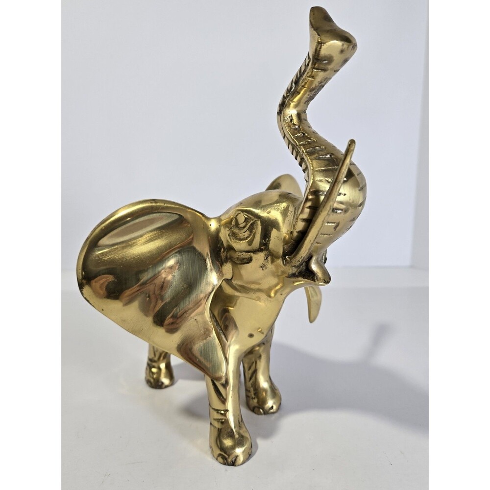 Vintage Solid Brass Elephant Figurine Raised Trunk India 9" Missing Tusk
